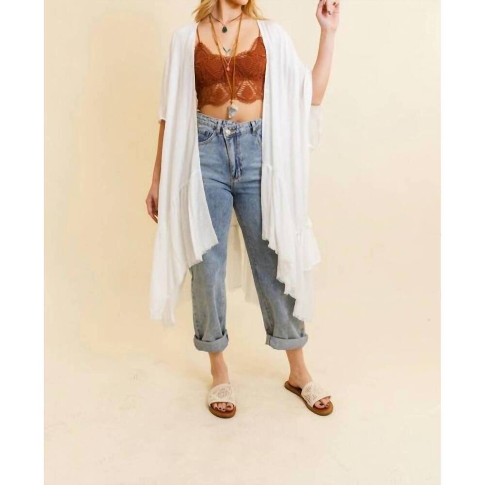 NEW LETO ruffle edge bohemian lightweight flowing kimono wrap cover up in ivory